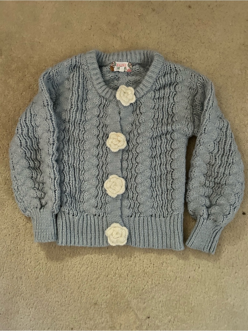 Hazel Moon Girls Powder Blue Cable Knit Cardigan Sweater Flower Button SZ 7/8 -S